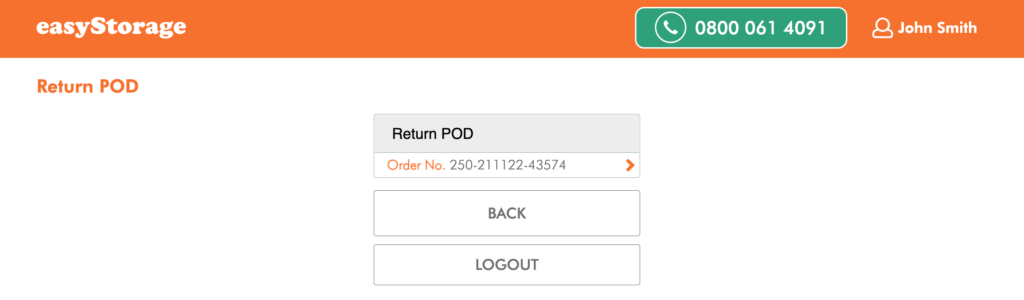 easyStorage online account return pod 